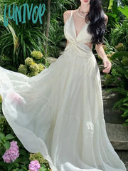 Lunivop Fashion Elegant Casual Women Summer Dress Spaghetti Strap Vintage A-Line Solid Chic Party