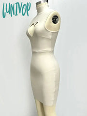 Lunivop Fashion Elegant High Quality Sexy Sleeveless Heart Hollow Neck Mini Beige Bandage Dress