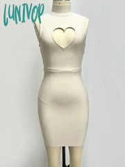 Lunivop Fashion Elegant High Quality Sexy Sleeveless Heart Hollow Neck Mini Beige Bandage Dress