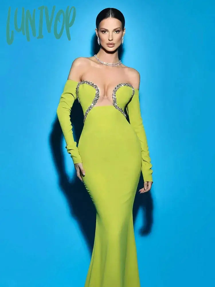 Lunivop Fashion Elegant High Quality Sexy Strapless Diamond Bodycon Long Bandage Dress Vestidos De