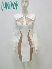 Lunivop Fashion Elegant Luxury White Feather Sexy Mesh Bodycon Mini Dress Vestidos Para Mujer