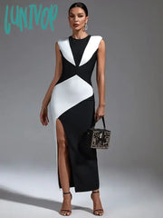 Lunivop Fashion Elegant Sleeveless Round Neck Sexy Color Matching Tight Long Bandage Dress Vestidos