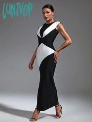 Lunivop Fashion Elegant Sleeveless Round Neck Sexy Color Matching Tight Long Bandage Dress Vestidos