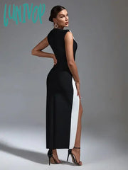 Lunivop Fashion Elegant Sleeveless Round Neck Sexy Color Matching Tight Long Bandage Dress Vestidos