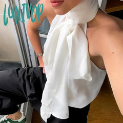 Lunivop Fashion Elegant White Bow Lace Up Halter Neck Vest Top Women’s Sleeveless Turtleneck