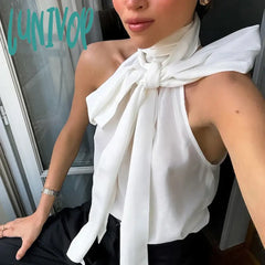 Lunivop Fashion Elegant White Bow Lace Up Halter Neck Vest Top Women’s Sleeveless Turtleneck