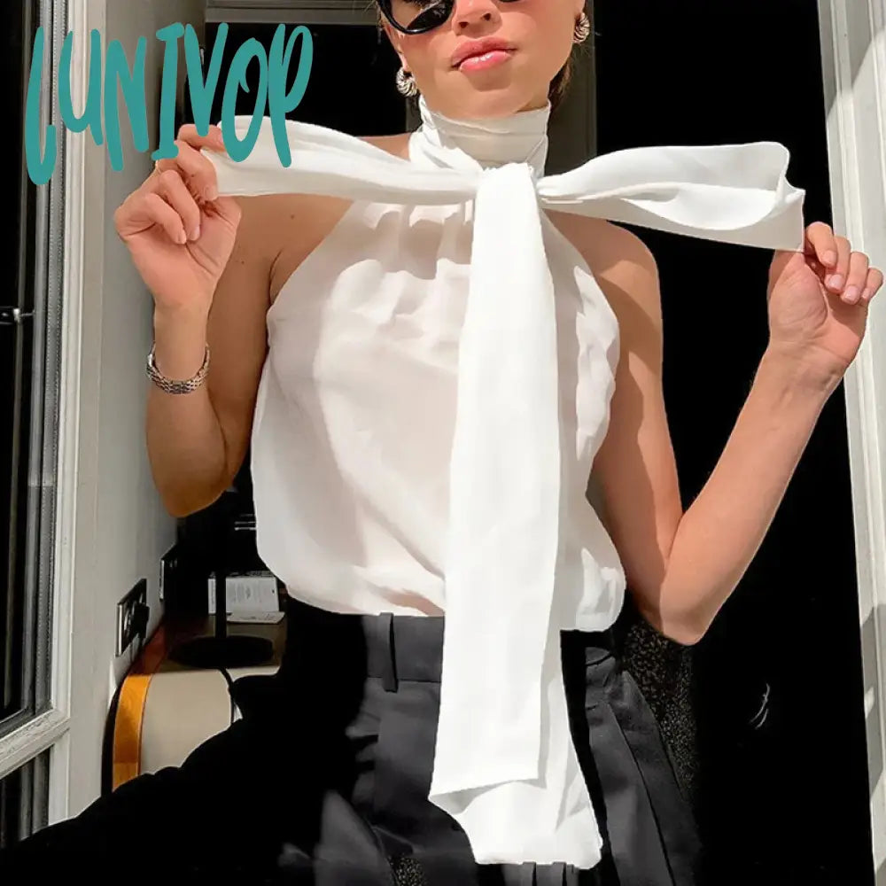 Lunivop Fashion Elegant White Bow Lace Up Halter Neck Vest Top Women’s Sleeveless Turtleneck