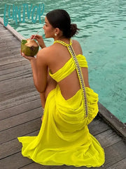 Lunivop Fashion Fish Bone Chain Woven Dress For Women Sexy Off Shoulder Hollow Out Maxi Sling Robe