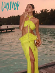 Lunivop Fashion Fish Bone Chain Woven Dress For Women Sexy Off Shoulder Hollow Out Maxi Sling Robe