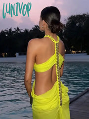 Lunivop Fashion Fish Bone Chain Woven Dress For Women Sexy Off Shoulder Hollow Out Maxi Sling Robe