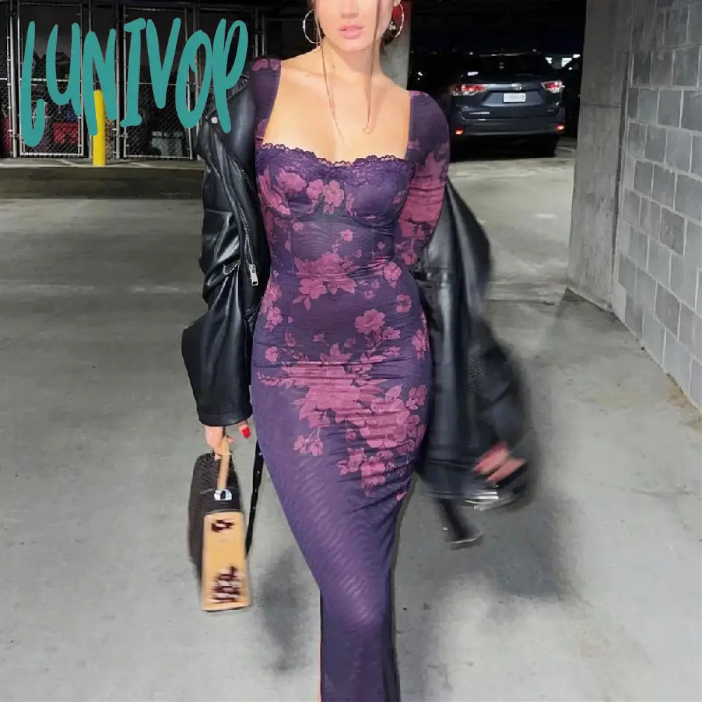 Lunivop Fashion Floral Print Maxi Dress Women Sexy Lace Spaghetti Strap Backless Bodycon Autumn