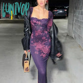 Lunivop Fashion Floral Print Maxi Dress Women Sexy Lace Spaghetti Strap Backless Bodycon Autumn