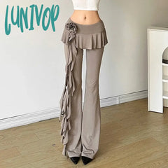 Lunivop Fashion Flower Ribbons Straight Pants For Women Solid Color Casual High Strecth Folds