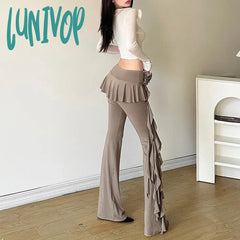 Lunivop Fashion Flower Ribbons Straight Pants For Women Solid Color Casual High Strecth Folds