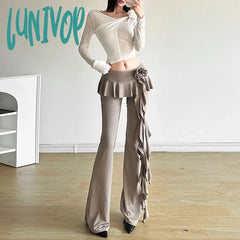 Lunivop Fashion Flower Ribbons Straight Pants For Women Solid Color Casual High Strecth Folds