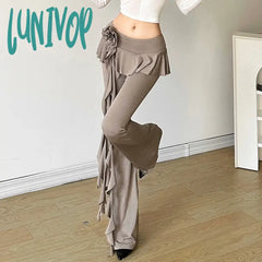 Lunivop Fashion Flower Ribbons Straight Pants For Women Solid Color Casual High Strecth Folds