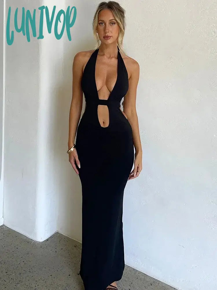 Lunivop Fashion Halter Sexy V-Neck Sleeveless Maxi Dress Women Backless Draped Long Dresses Party