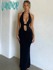 Lunivop Fashion Halter Sexy V-Neck Sleeveless Maxi Dress Women Backless Draped Long Dresses Party
