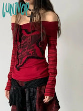 Lunivop Fashion Harajuku Y2K Print Tshirts 2024 Long Sleeve Off Shoulder Striped Tees Blouse Women