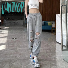 Lunivop Fashion Hole Streetwear Women Harem Pants Summer Harajuku Hollow Out High Waist Elastic