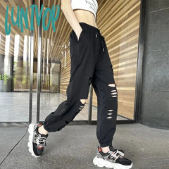 Lunivop Fashion Hole Streetwear Women Harem Pants Summer Harajuku Hollow Out High Waist Elastic