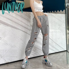 Lunivop Fashion Hole Streetwear Women Harem Pants Summer Harajuku Hollow Out High Waist Elastic