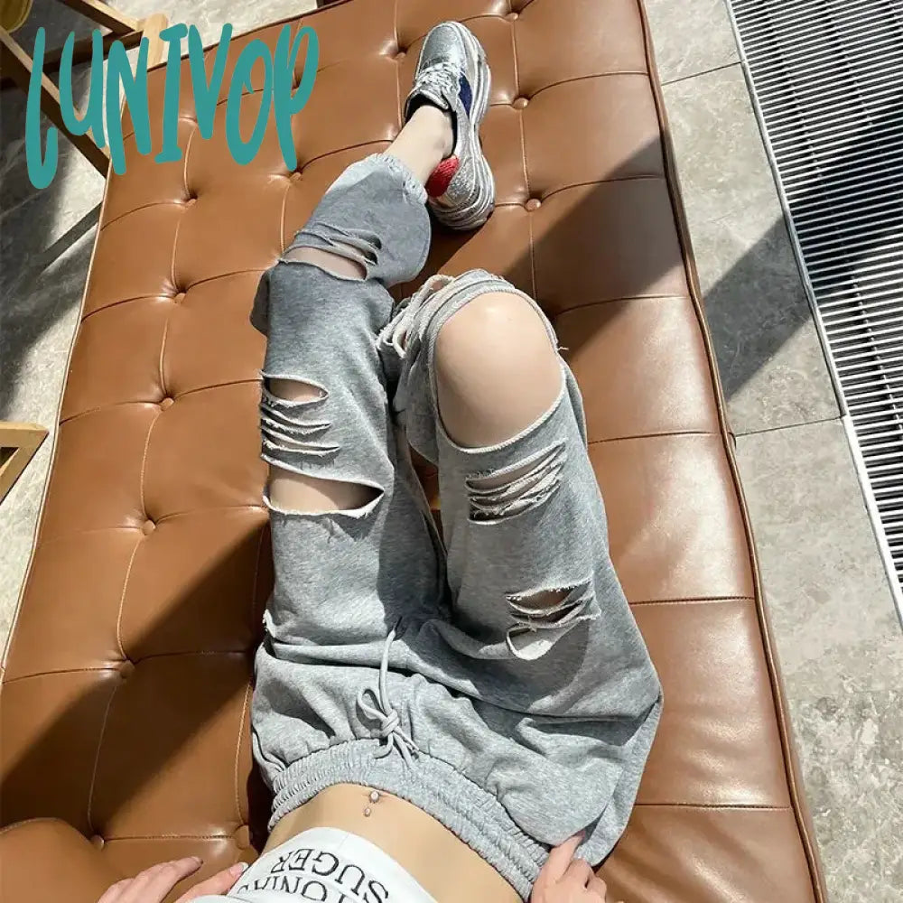 Lunivop Fashion Hole Streetwear Women Harem Pants Summer Harajuku Hollow Out High Waist Elastic