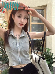 Lunivop Fashion Lapel Neck Backless Denim Vest For Women Y2K E-Girl Slim Fit Zipper Tank Top 2024