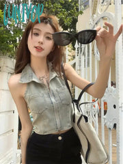 Lunivop Fashion Lapel Neck Backless Denim Vest For Women Y2K E-Girl Slim Fit Zipper Tank Top 2024