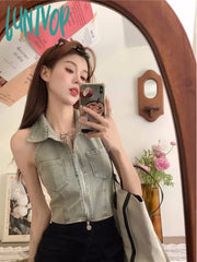 Lunivop Fashion Lapel Neck Backless Denim Vest For Women Y2K E-Girl Slim Fit Zipper Tank Top 2024