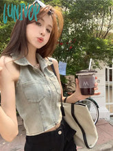 Lunivop Fashion Lapel Neck Backless Denim Vest For Women Y2K E-Girl Slim Fit Zipper Tank Top 2024