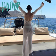 Lunivop Fashion Long Sleeve Summer Sexy Backless Knit Dresses Outfits Beachwear Elegant Robes Maxi