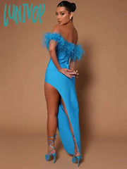 Lunivop Fashion Luxury Elegant High Quality Feather Split Long Bandage Dress Vestidos Para Mujer
