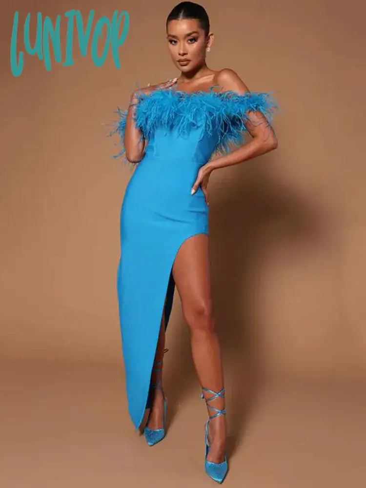 Lunivop Fashion Luxury Elegant High Quality Feather Split Long Bandage Dress Vestidos Para Mujer