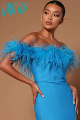 Lunivop Fashion Luxury Elegant High Quality Feather Split Long Bandage Dress Vestidos Para Mujer