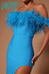 Lunivop Fashion Luxury Elegant High Quality Feather Split Long Bandage Dress Vestidos Para Mujer