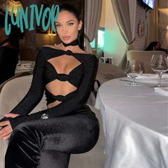Lunivop Fashion Off Shoulder Cut Out Two Piece Set Long Sleeve Top And Pant Sets Sexy Suits Elegant