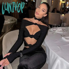 Lunivop Fashion Off Shoulder Cut Out Two Piece Set Long Sleeve Top And Pant Sets Sexy Suits Elegant