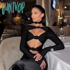 Lunivop Fashion Off Shoulder Cut Out Two Piece Set Long Sleeve Top And Pant Sets Sexy Suits Elegant