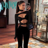 Lunivop Fashion Off Shoulder Cut Out Two Piece Set Long Sleeve Top And Pant Sets Sexy Suits Elegant