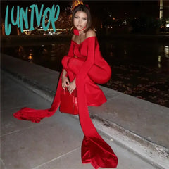Lunivop Fashion Off Shoulder Ruched Long Jumpsuits Outfits For Women Autumn Flare Sleeve Party