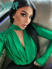 Lunivop Fashion Outfits Halter Sexy Draped Bodysuits For Women One Piece Long Sleeve Ruched Tops