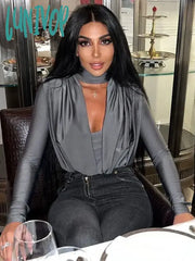 Lunivop Fashion Outfits Halter Sexy Draped Bodysuits For Women One Piece Long Sleeve Ruched Tops