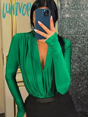 Lunivop Fashion Outfits Halter Sexy Draped Bodysuits For Women One Piece Long Sleeve Ruched Tops