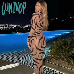 Lunivop Fashion Print Long Sleeve Maxi Dress Summer Outfits For Women Club Party Mesh See Through