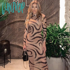 Lunivop Fashion Print Long Sleeve Maxi Dress Summer Outfits For Women Club Party Mesh See Through