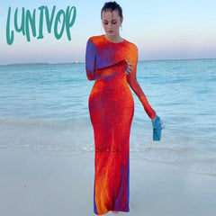 Lunivop Fashion Print O Neck Long Sleeve Bodycon Maxi Dress Autumn Winter Women Skinny Y2K Dresses