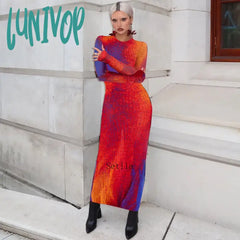 Lunivop Fashion Print O Neck Long Sleeve Bodycon Maxi Dress Autumn Winter Women Skinny Y2K Dresses