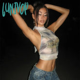 Lunivop Fashion Print Sexy Halter Tie Back Crop Tops Elegant Outfits For Women Sequins Club Party