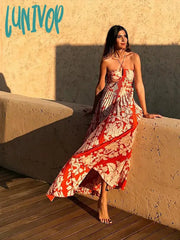 Lunivop Fashion Printed Pleated Halter Maxi Dress Women Sexy Sleeveless Backless Bandage Dresses